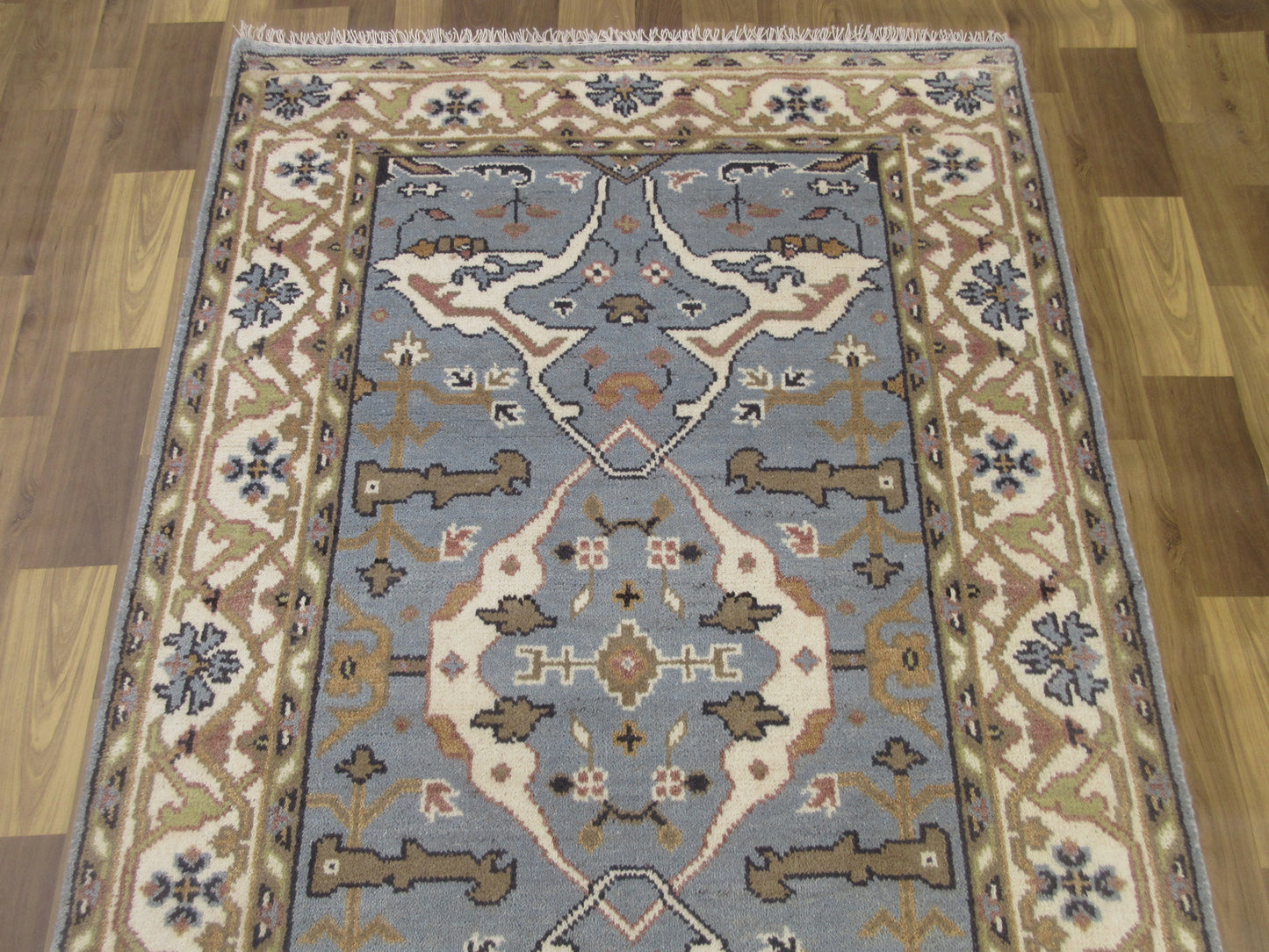 Handmade Wool Rug 6x4 ft - Blue, Beige & Olive Traditional Floral Pattern Rug