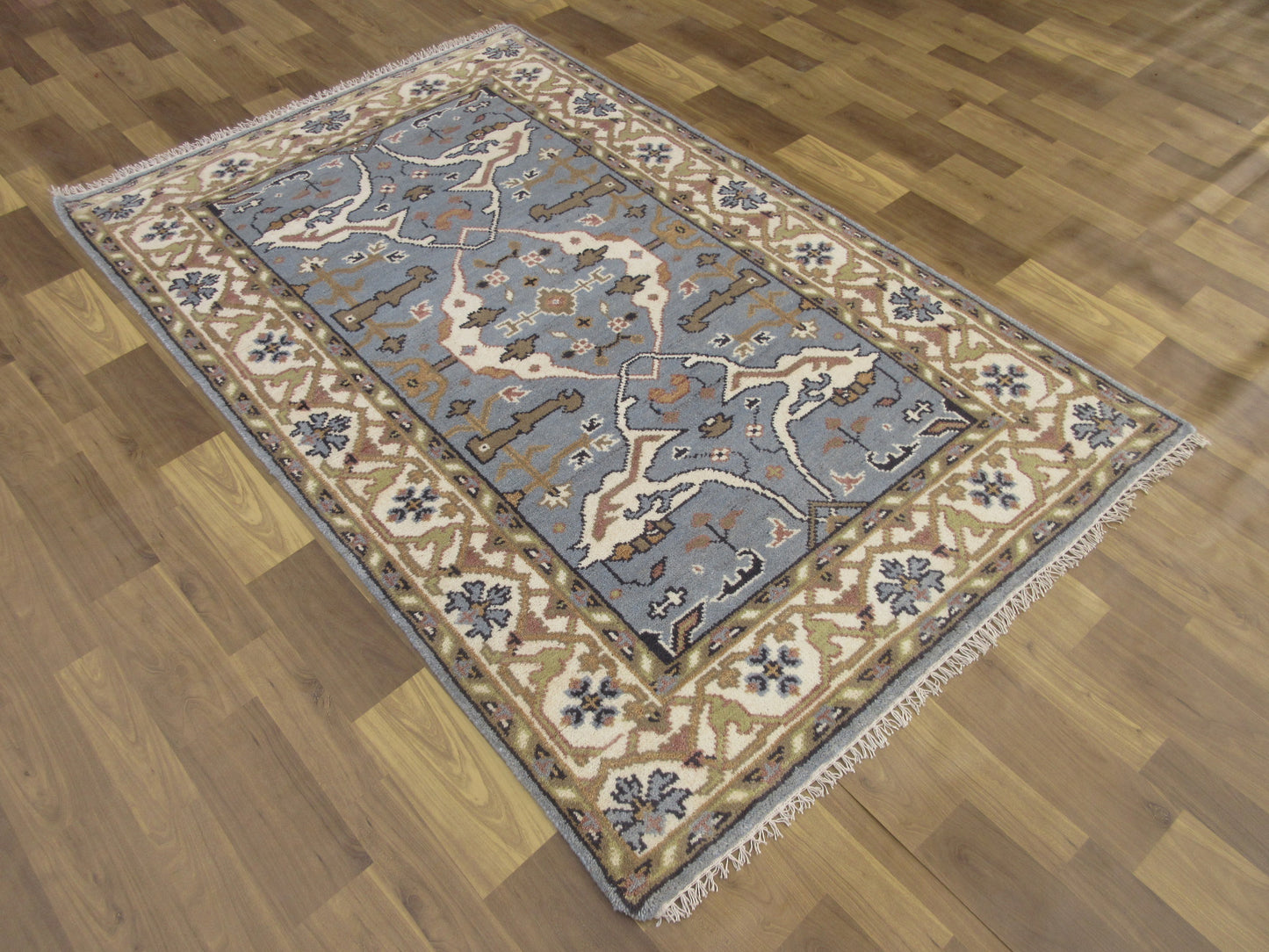 Handmade Wool Rug 6x4 ft - Blue, Beige & Olive Traditional Floral Pattern Rug