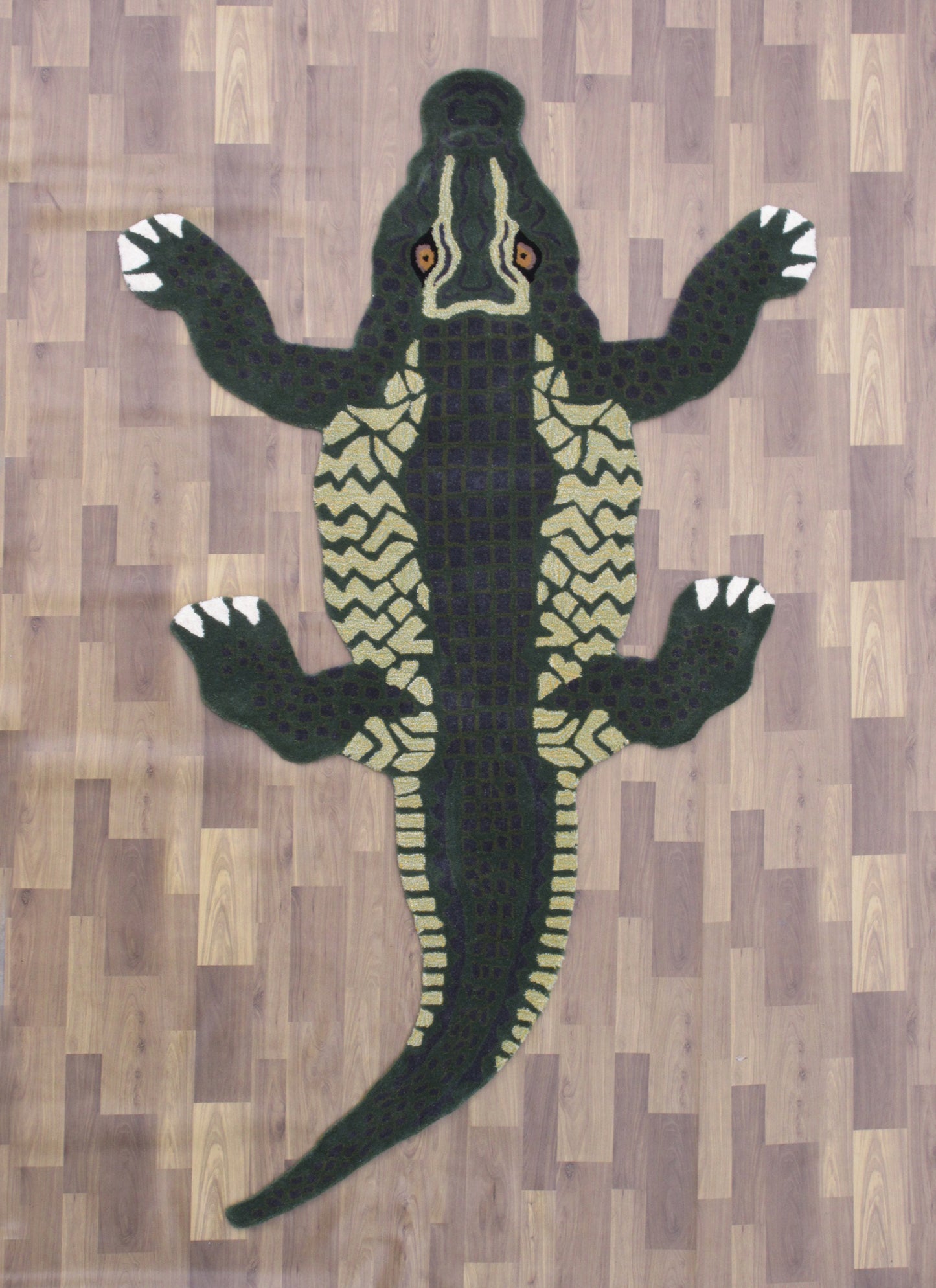 Handmade Wool Rug 8X5 ft Green Colour Crocodile Carpet for Living Room Accent