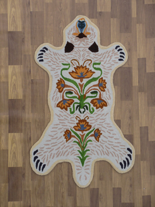 Handmade Floral Tiger-Shaped Wool Area Rug 5x3 ft - Unique Beige Accent Rug