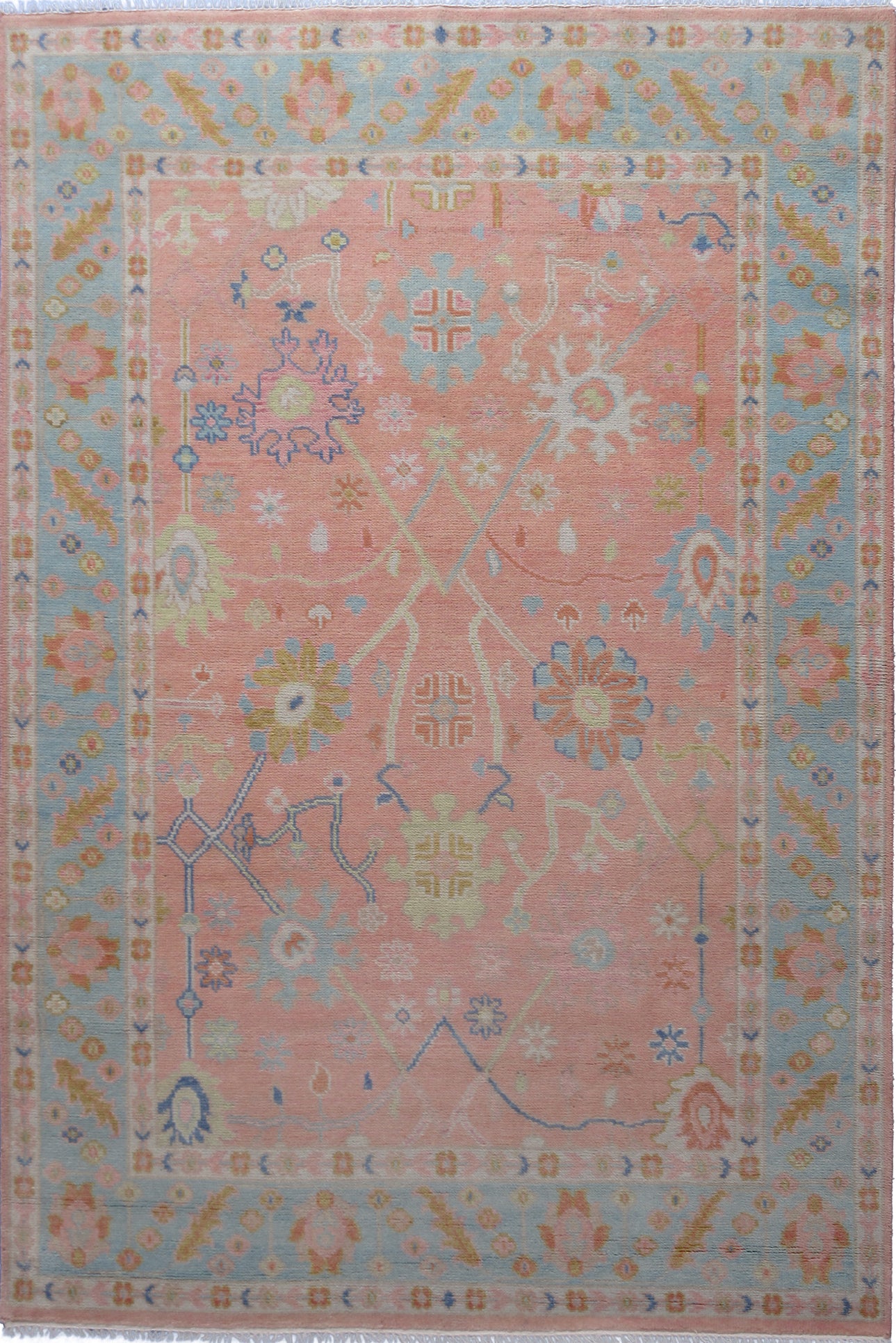 Pink Oushak 8x10ft Rug Hearth Stone Light Blue Border Floral Rug Contemporary Area Rug Luxury Handmade Turkish Rug Wool