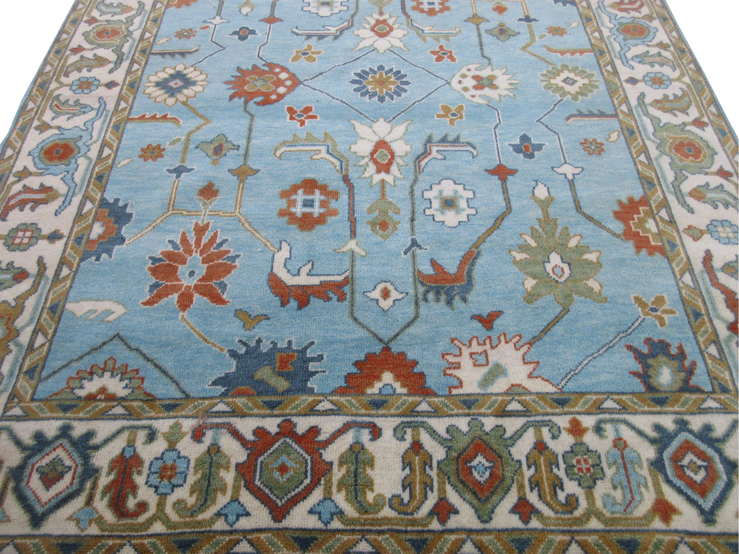 Hand-Knotted Oushak Rug - Blue & Beige | Pure Wool Luxury Rug