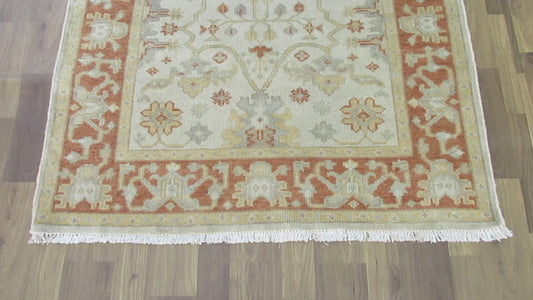 Hand-Knotted Turkish Oushak Wool Rug 5.4x3.9 ft Vintage Beige | Rust Area Rug